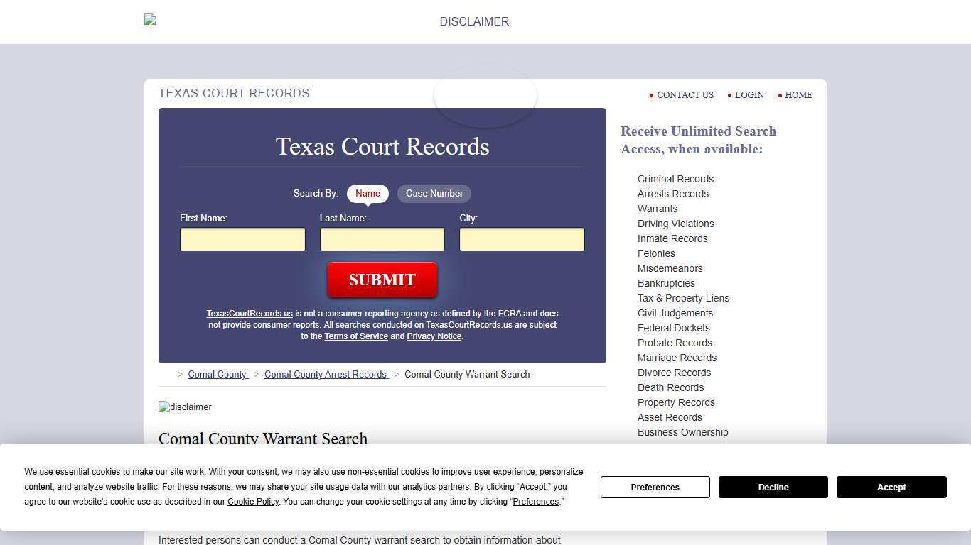 Comal County Warrant Search | TexasCourtRecords.us