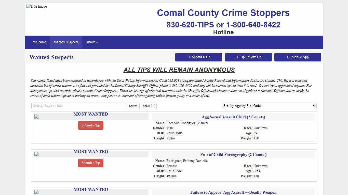 Wanted Suspects - Comal County Crime Stoppers